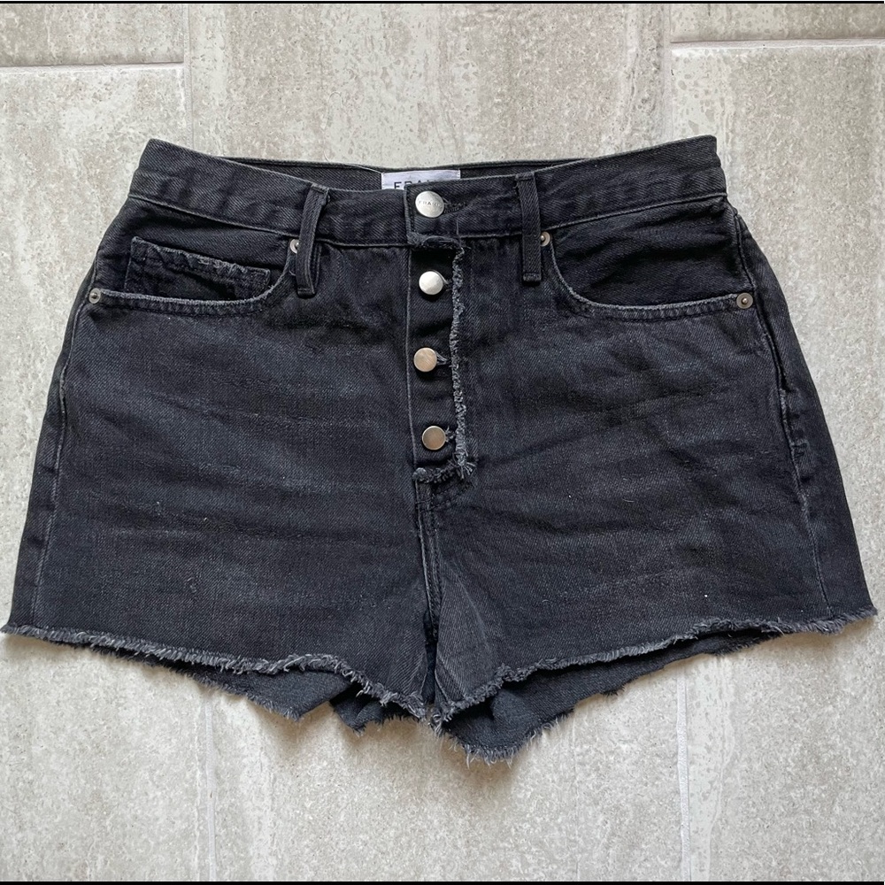 FRAME Le Vintage Black Denim High Rise Shorts | Frayed Hem | Exposed Button Fly - Picture 8 of 8